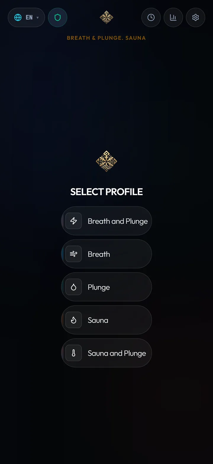 Breath & Plunge app home screen with the five session profiles