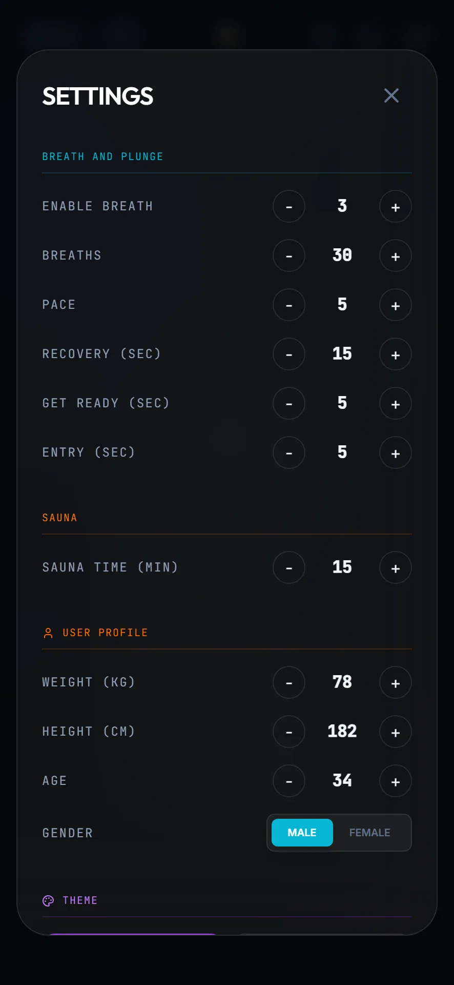 The Breath & Plunge settings screen with protocol and profile fields
