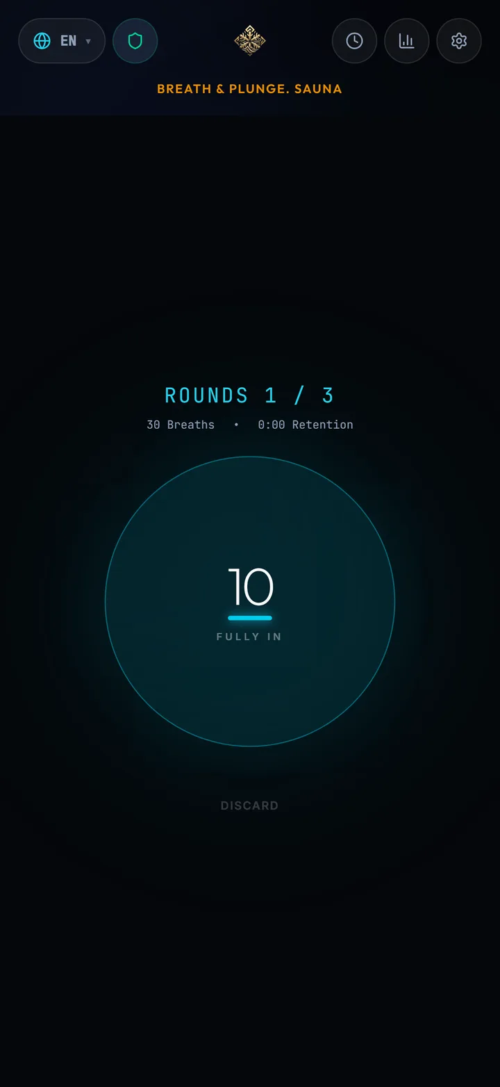 Guided breathwork screen with the animated breath pacer and round counter