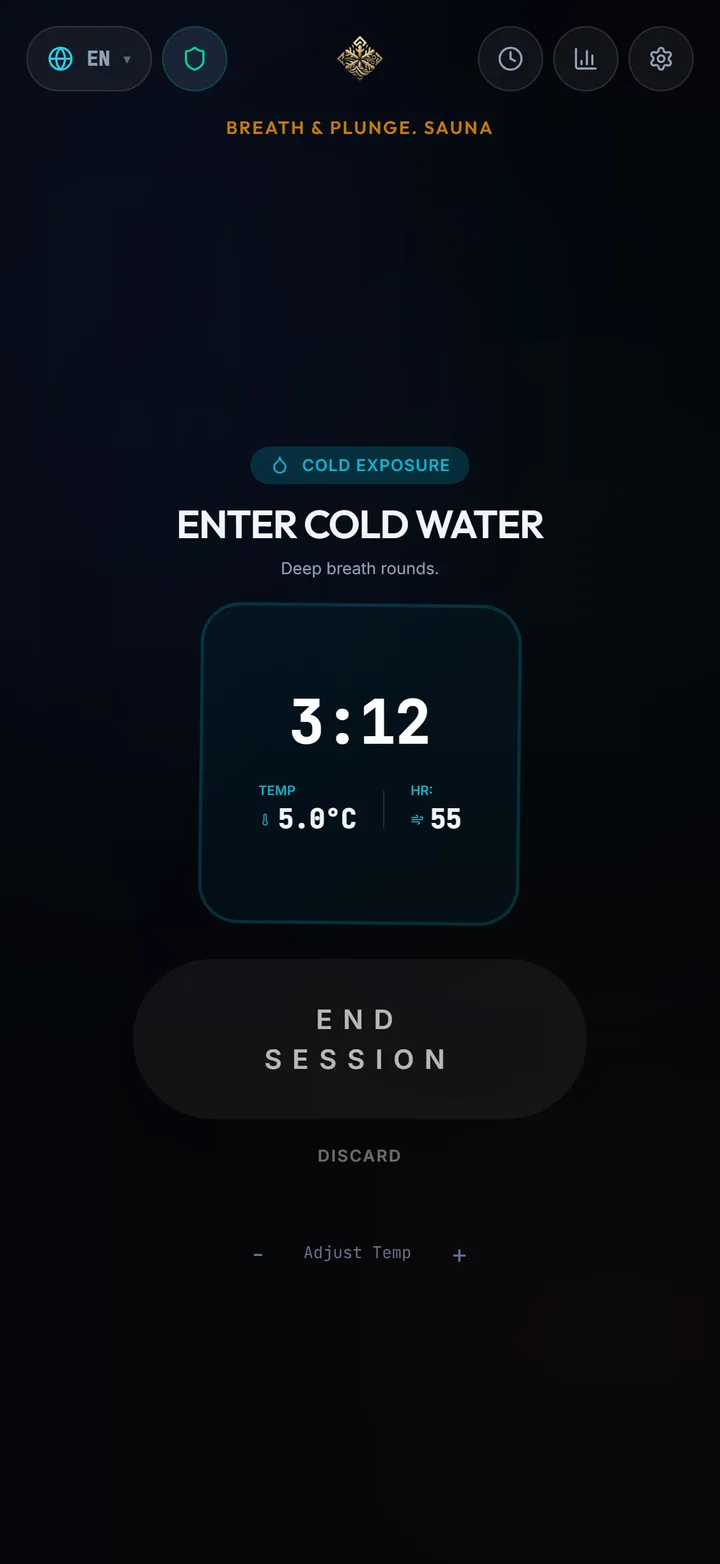 Cold plunge timer showing elapsed time, water temperature and heart rate